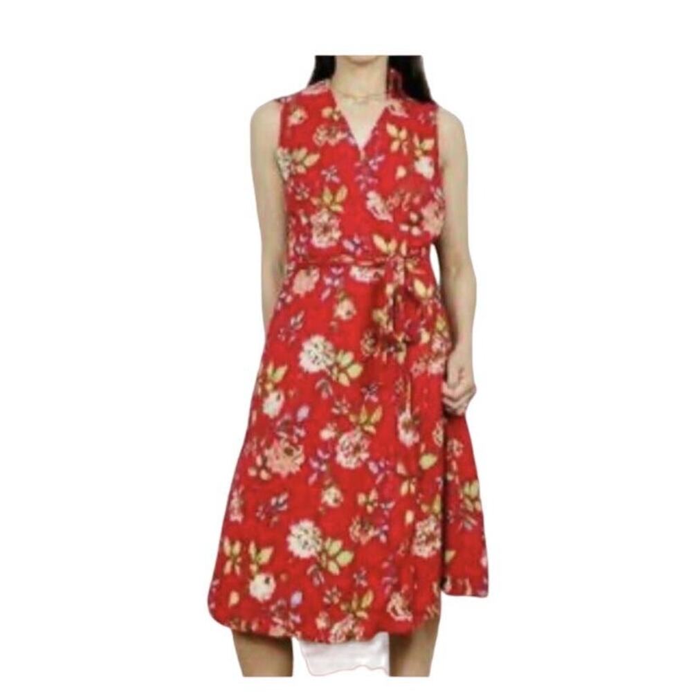 Pendleton Red Floral 100% Cotton V Neck Wrap Collared Dress w/ Pockets Size 12